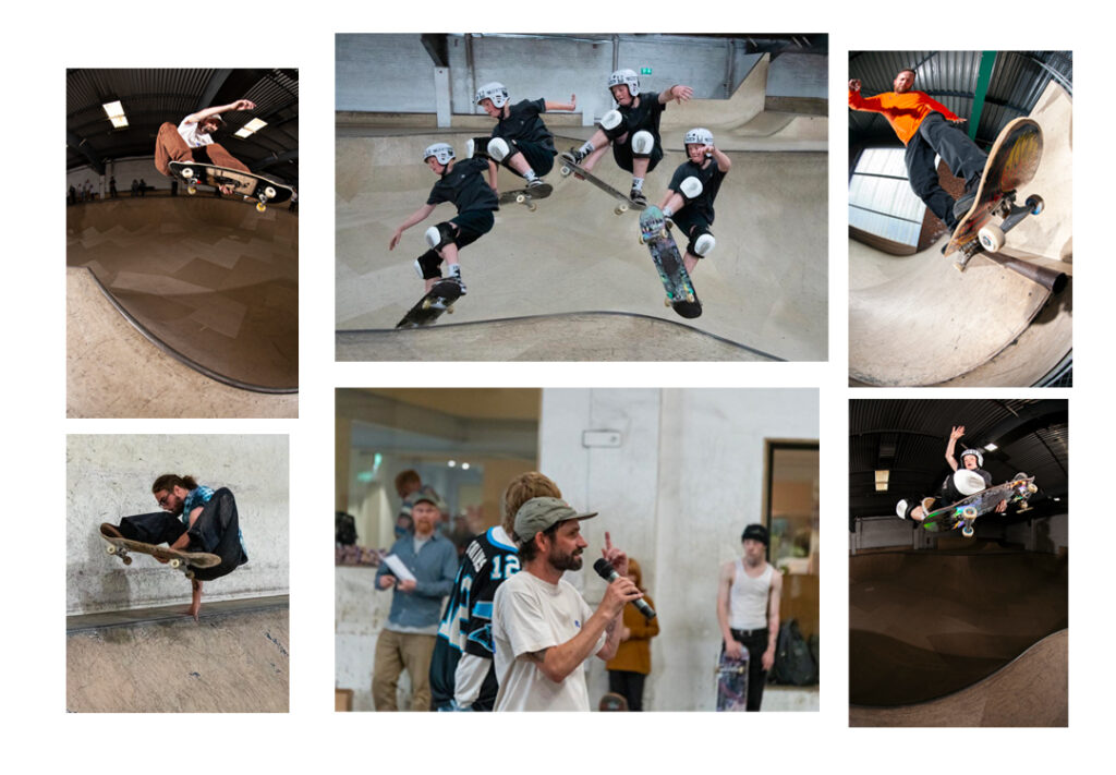 Various skate action shots from the Loading Bay skatepark Why So Sad event in August of 2022
